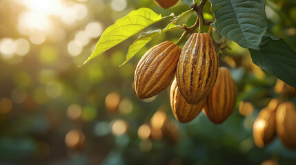 Golden cocoa pods hang from branches, set against green leaves in a warm, sunlit plantation. The scene captures the natural beauty of cocoa cultivation