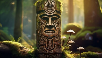 A worn wooden totem, its surface covered in moss and tiny mushrooms, with intricate layers of carved details, evoking a sense of ancient mystery and nature.