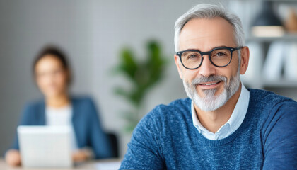 Obraz premium corporate leader smiling while reviewing career goals with employee
