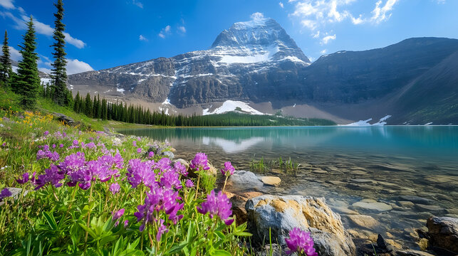 
Mount Edith Cavell, Alberta &ndash; Glacial lake and towering peak, with wildflowers in summer