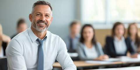 Corporate trainer smiling while guiding executives in workshop setting