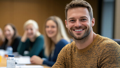 group of professionals engaged in discussion, smiling and collaborating