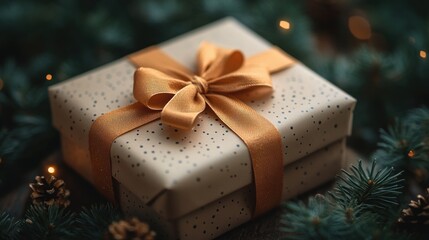 Beige gift box with a bow on rustic wooden table surrounded by pine branches in natural light