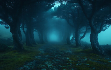Eerie Foggy Island Grove with Mysterious Atmosphere