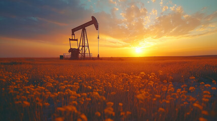Naklejka premium Drilling derricks operate in expansive oil fields as the sun sets on the horizon, casting a warm glow over the landscape filled with wildflowers