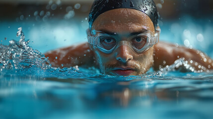 Young man propels through crystal clear water, showcasing strong technique and focus while practicing in an indoor swimming pool during daylight hours