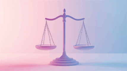 A 3D rendering of a scales of justice, depicted in soft pastel pink and blue hues. The scales are centrally positioned against a light, gradient background. The rendering style is smooth and