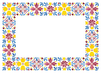 Frame border azulejo tiles design. Abstract floral vintage. Hand drawn watercolor illustration, mediterranean patterns. Decorative ceramic tile Mosaic heritage geometric. Isolated white background.