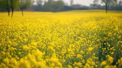Vibrant Yellow Flower Field Under Clear Sky in Rural Landscape