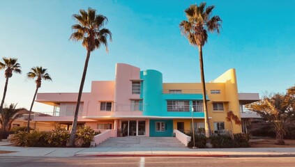 Colorful Art Deco Architecture with Palm Trees in Los Angeles