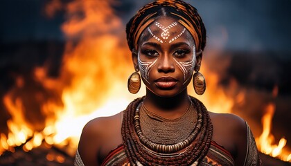 Obraz premium A woman from a South American tribe, her face painted with bold, colorful patterns, showcasing her vibrant culture and rich heritage
