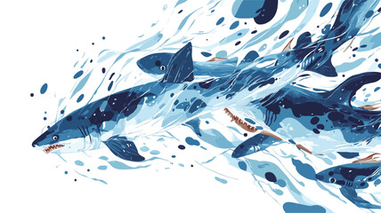 Naklejka premium A stylized illustration depicting a group of sharks swimming in a dynamic, energetic manner. The artwork utilizes predominantly shades of blue, creating a sense of depth and movement within the