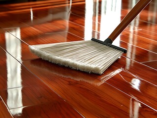 Broom sweeps glossy wood floor in bright room.