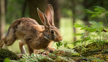 Fototapeta premium A wild rabbit with its fur sticking out, nibbling on leaves while hopping through a lush meadow, embodying the beauty of nature in motion