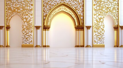 Obraz premium A beautifully designed interior featuring ornate golden arches against a white marble backdrop, showcasing intricate patterns and elegance.