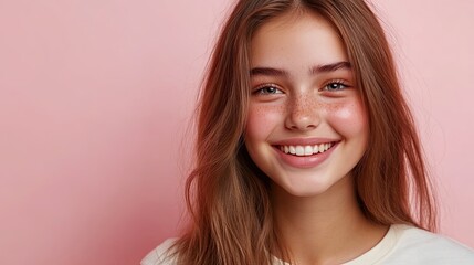 Naklejka premium Close up portrait of pretty young 25s female with warm and friendly smile looking at camera with joyful expression, feels happy, exuding satisfaction, having positive mood and attractive appearance 