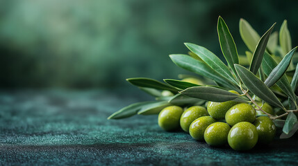 Freshly harvested olive branches feature clusters of ripe olives, set against a calming green background. This scene captures the essence of nature's bounty and agricultural richness