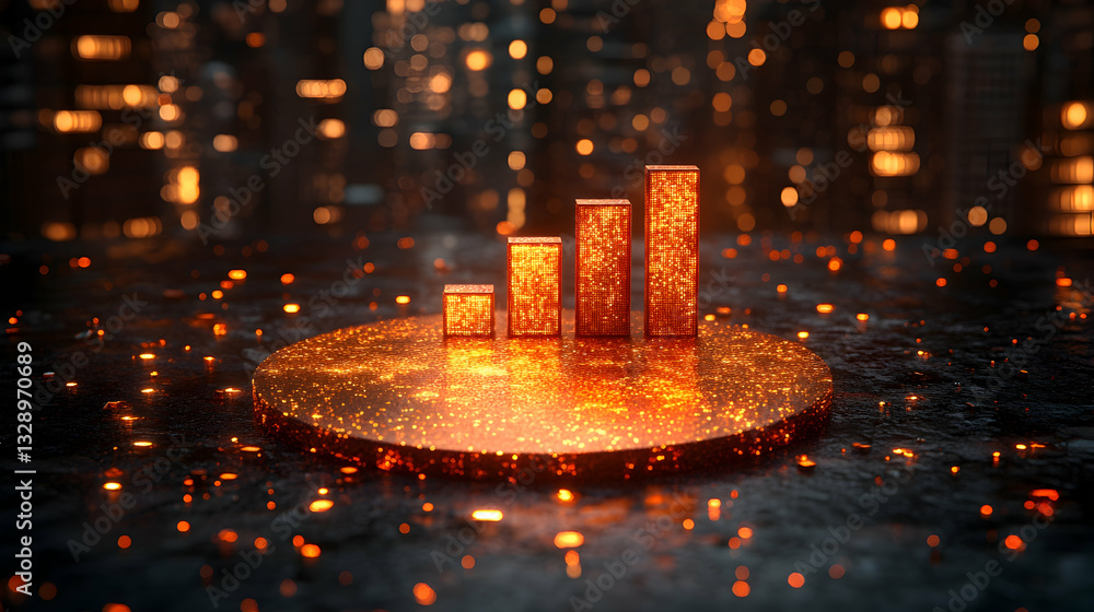 Poster glowing metallic bar graph on a circular platform, set against a blurred cityscape backdrop. represe