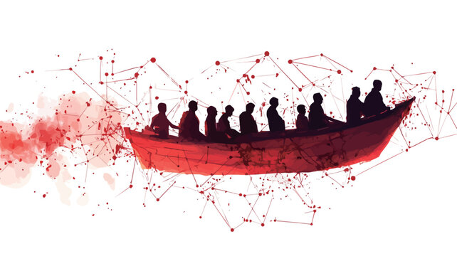 The image is a stylized illustration depicting a red boat carrying numerous dark silhouettes of people.  The boat is rendered in a flat, graphic style with a minimalist approach. The background