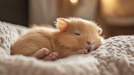 Adorable Sleepy Baby Animal on Cozy Blanket in Soft Lighting