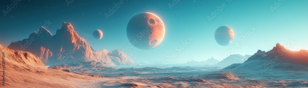 Poster surreal extraterrestrial landscape with multiple planets and asteroids in a hyper-realistic style