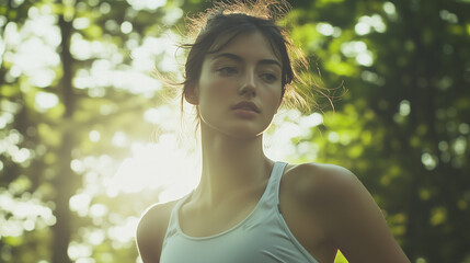 Young woman runner in a green forest, sunlight through trees, vibrant and serene.