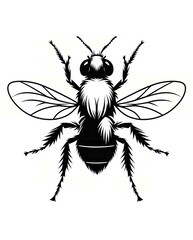 A bold black and white illustration of a fly with intricate details. The high-contrast design emphasizes its wings, legs, and segmented body, creating a striking, modern, and artistic look.
