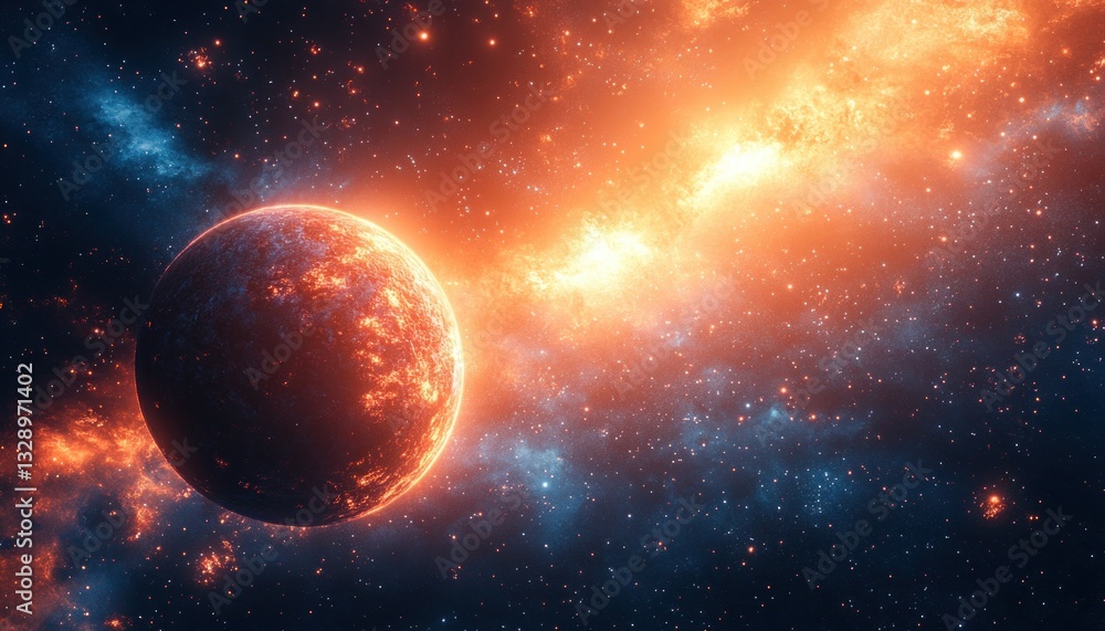 Poster surreal ringed planet in a cinematic cosmic scene surrounded by celestial objects