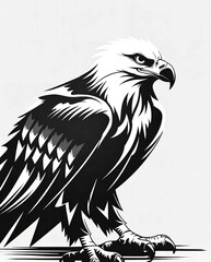 Obraz premium A striking black and white illustration of a fierce eagle with sharp details, bold contrasts, and geometric wing patterns. The powerful bird stands strong with piercing eyes and extended wings.