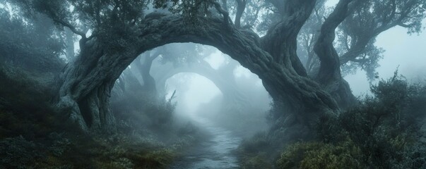 A winding forest path disappearing into heavy atmospheric fog with trees