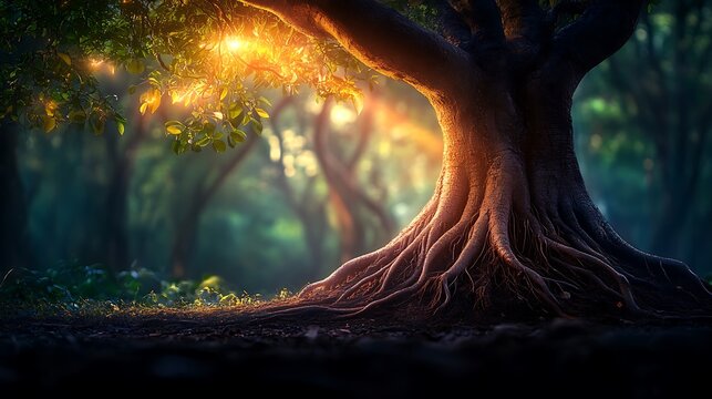 Majestic ancient tree with exposed roots in mystical forest at sunset.