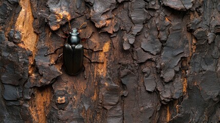 Close-Up View of Black Beetle Crawling on Textured Tree Bark