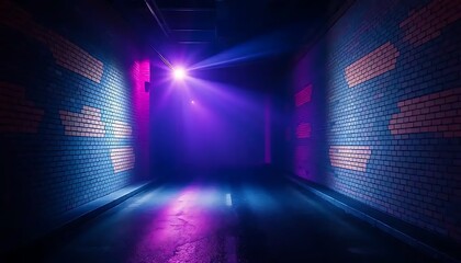 Eerie urban tunnel illuminated by neon light at end of road