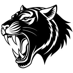 a bold black silhouette of a tiger in a roaring pose, with its mouth open and sharp teeth visible 