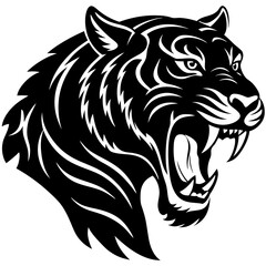 a bold black silhouette of a tiger in a roaring pose, with its mouth open and sharp teeth visible 