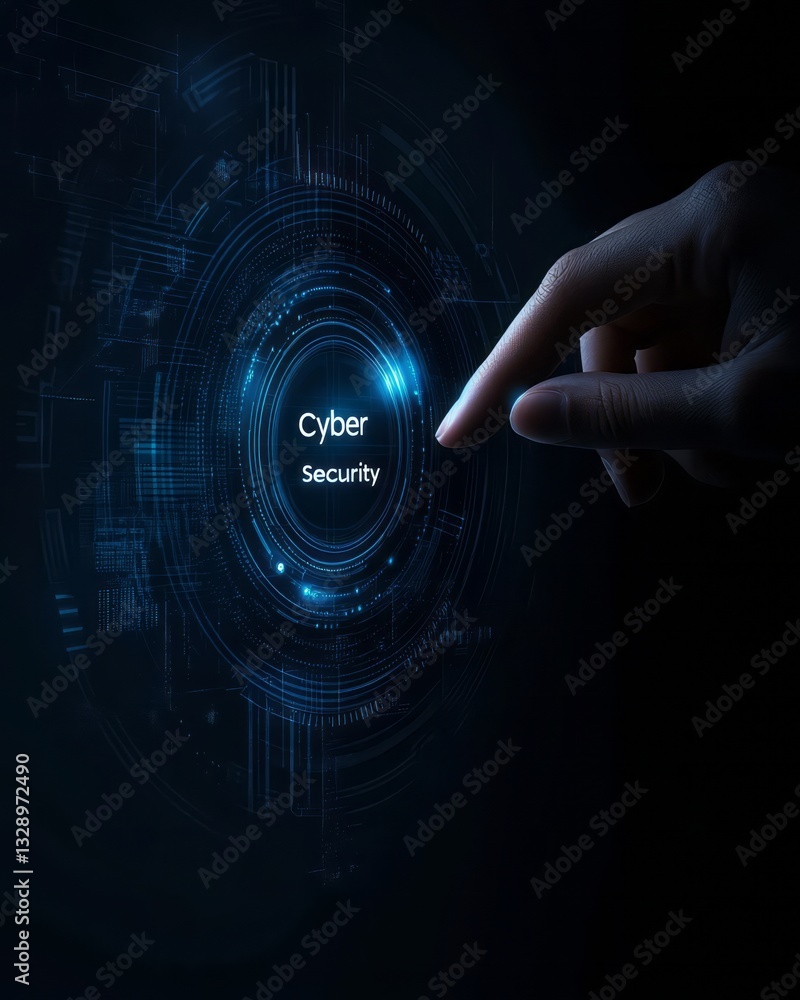 Poster cybersecurity concept with hand touching button on virtual screen in dark blue background.