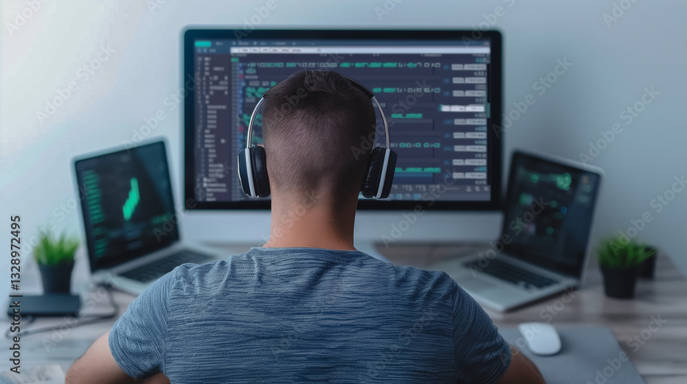 Poster coding night owl: a software developer, engrossed in the digital world, works late, illuminated by t