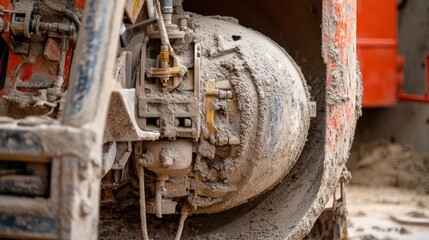Close-Up of Muddy Concrete Mixer Drum on Construction Site