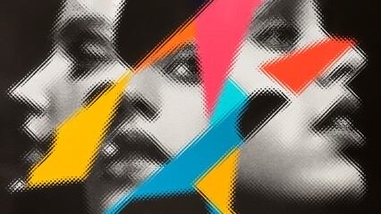 Abstract background with faces collage black and white and colours elements, psychology, stress wallpaper illustration, Generative AI with halftone texture overlaid with vibrant geometric shapes