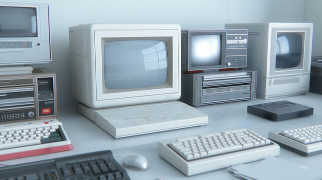 Retro Computing: A nostalgic collection of vintage computers and keyboards, showcasing the evolution of technology and the history of computing. 