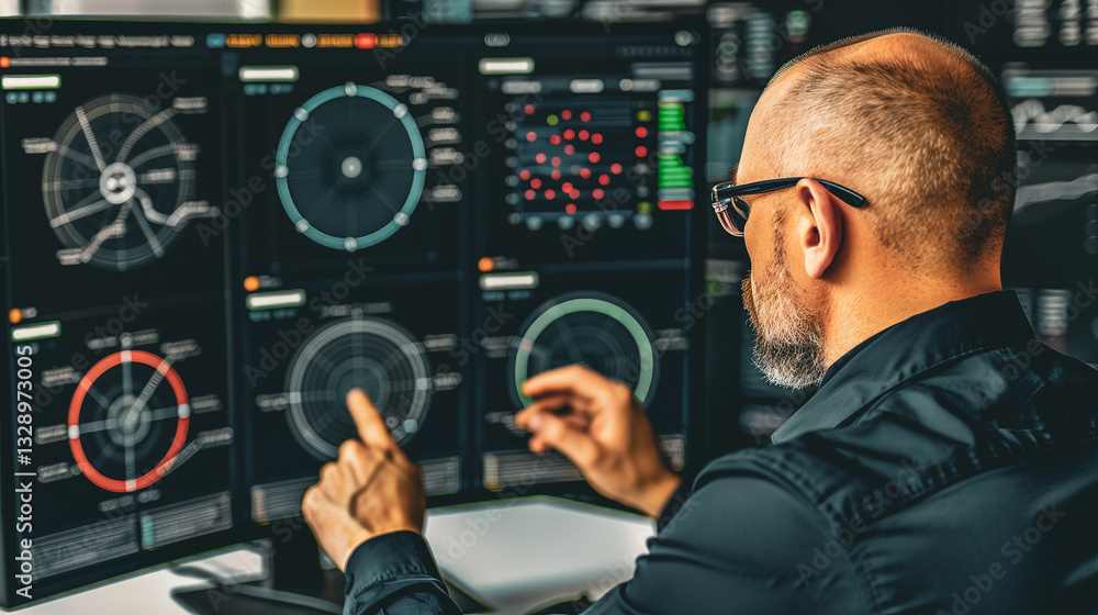 Poster data analysis in focus: a skilled data analyst with focused gaze, meticulously examines complex data