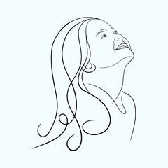 Young smiling girl looking up, line drawing