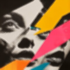 Abstract background with faces collage black and white and colours elements, psychology, stress wallpaper illustration, Generative AI with halftone texture overlaid with vibrant geometric shapes