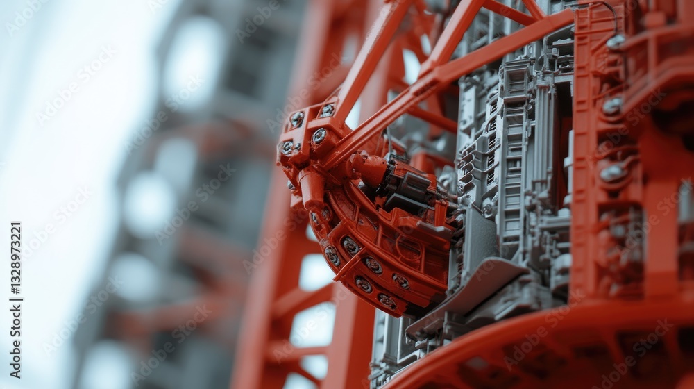 Poster close-up of red mechanical structure with industrial elements