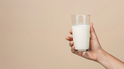hand holding glass of milk on beige background