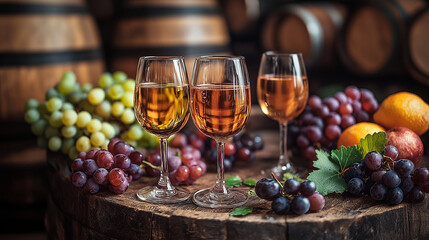 Three elegant glasses filled with golden wine are displayed on a wooden table, surrounded by fresh grapes, apples, and vibrant citrus fruits in a rustic cellar