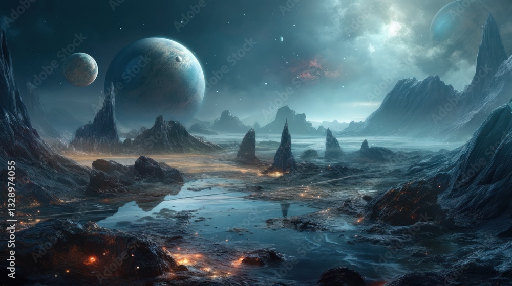 Poster cosmic landscape with floating planets and meteor trails in a starry universe