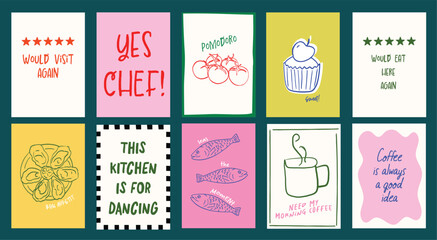 Abstract hand-drawn food doodle posters. Fun modern saying Fish, coffee, tomato illustration for Wall Decor, social media, postcards, restaurant and cafe decor ready to print graphic. 