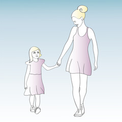 Mom and daughter walking holding hands in pastel colors