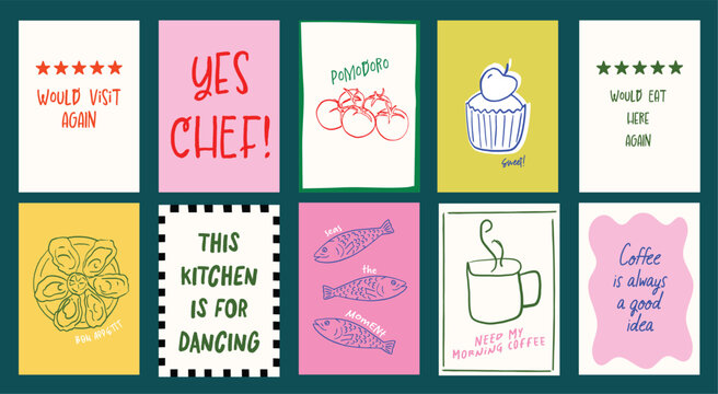 Abstract hand-drawn food doodle posters. Fun modern saying Fish, coffee, tomato illustration for Wall Decor, social media, postcards, restaurant and cafe decor ready to print graphic. 